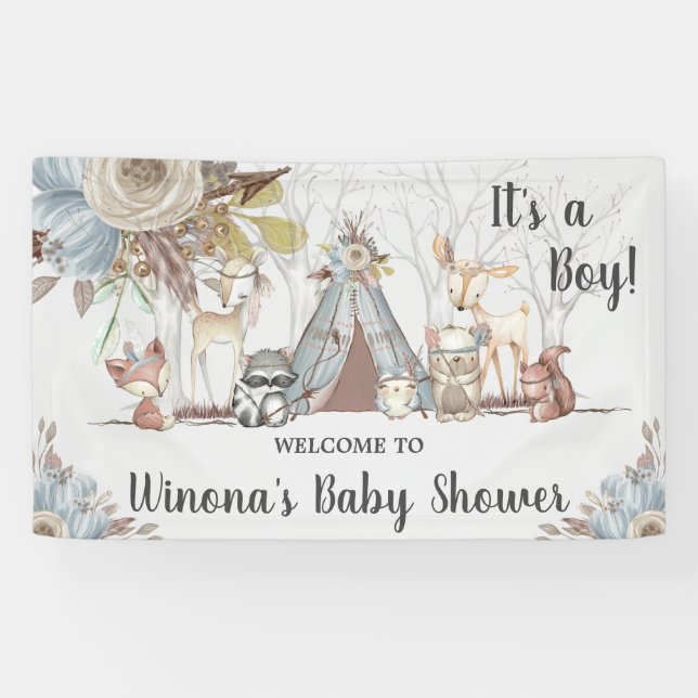 Tribal Woodland Animals Boy Baby Shower Backdrop Banner (Horizontal)