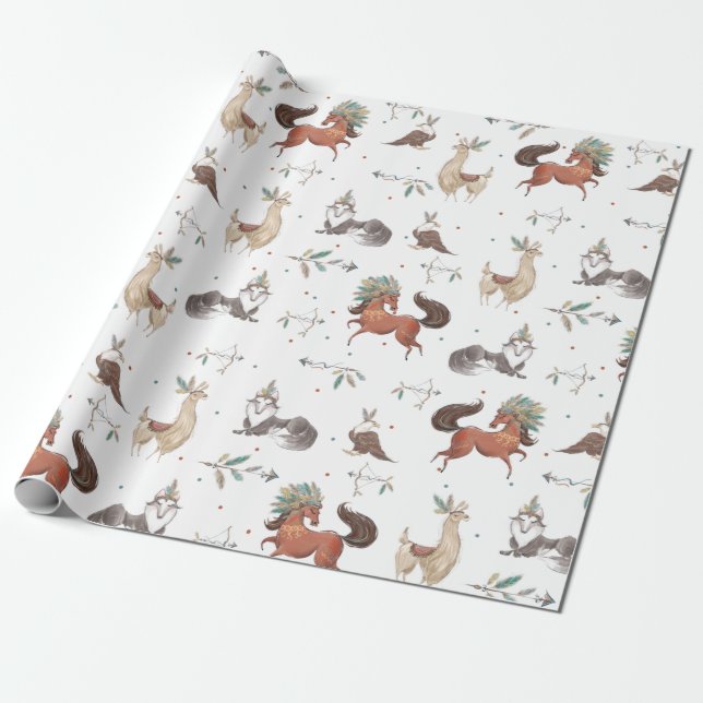 Tribal Woodland Animals Boy Baby Shower Birthday Wrapping Paper (Unrolled)