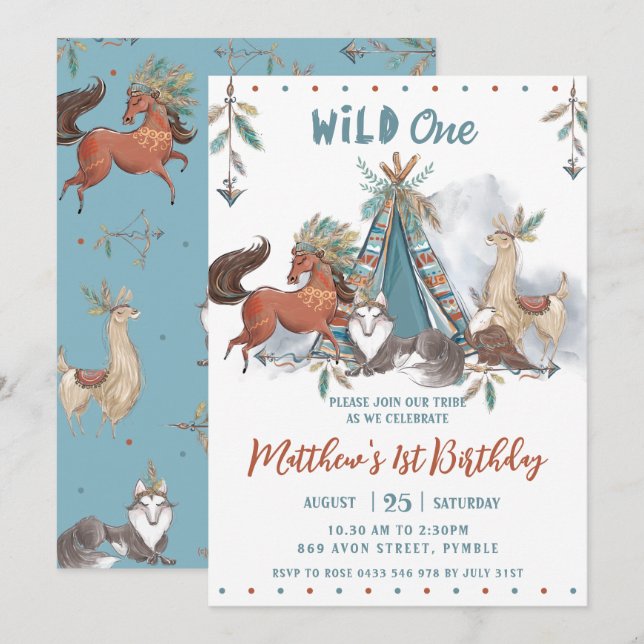 Tribal Woodland Animals Boy Wild One 1st Birthday Invitation (Front/Back)