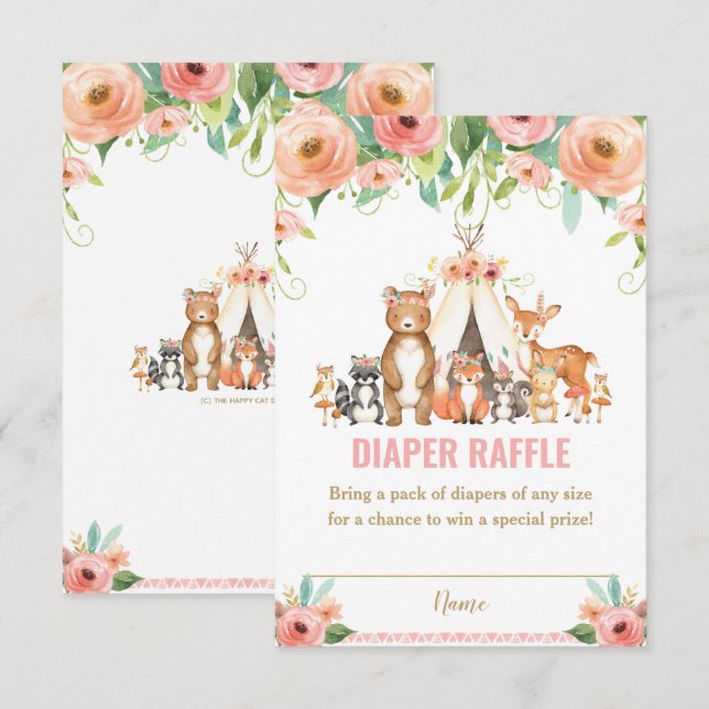 Tribal Woodland Animals Floral Diaper Raffle Card (Front/Back)