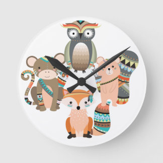 Tribal Woodland Animals Illustration Round Clock