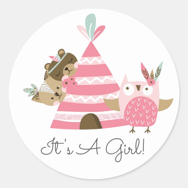 Tribal Woodland Animals It' a Girl Favour Sticker (Front)