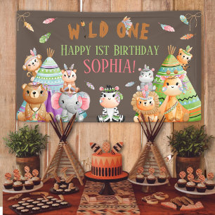 Tribal Woodland Animals Wild One 1st Birthday Banner