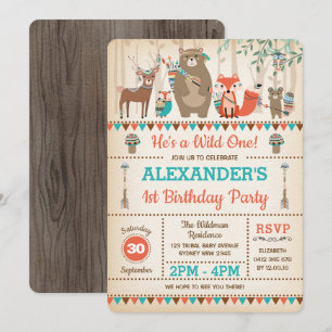 Tribal Woodland Animals Wild One 1st Birthday Invitation