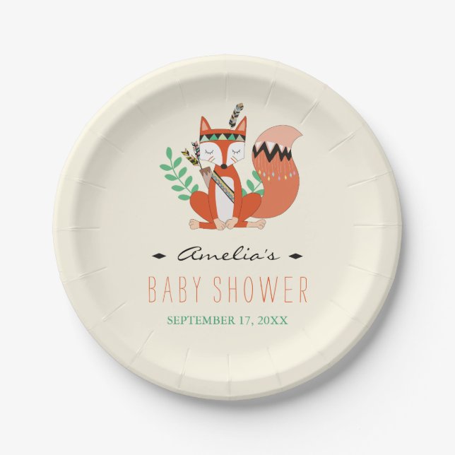Tribal Woodland Fox Baby Shower Shower Paper Plate (Front)