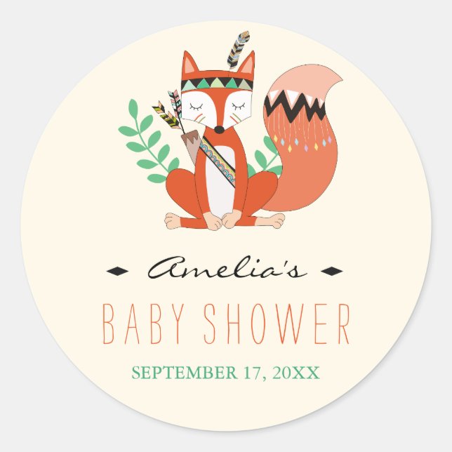 Tribal Woodland Fox Baby Shower Sticker (Front)