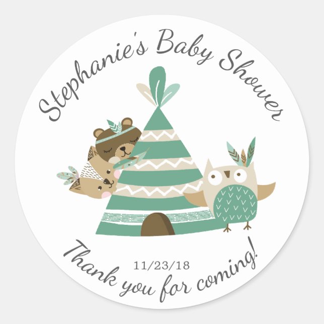 Tribal Woodland Neutral  Baby Shower Favour Sticke Classic Round Sticker (Front)