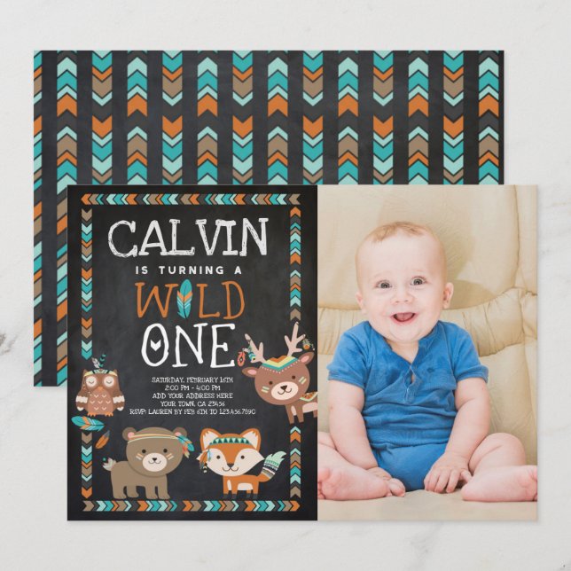 Tribal Woodland, WILD ONE, 1ST Birthday Invitation (Front/Back)