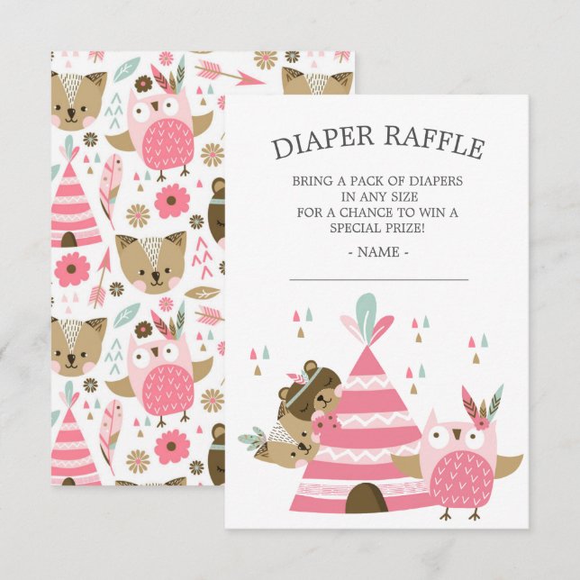 Tribal Woodland Wild One Baby Shower Diaper Raffle Invitation (Front/Back)