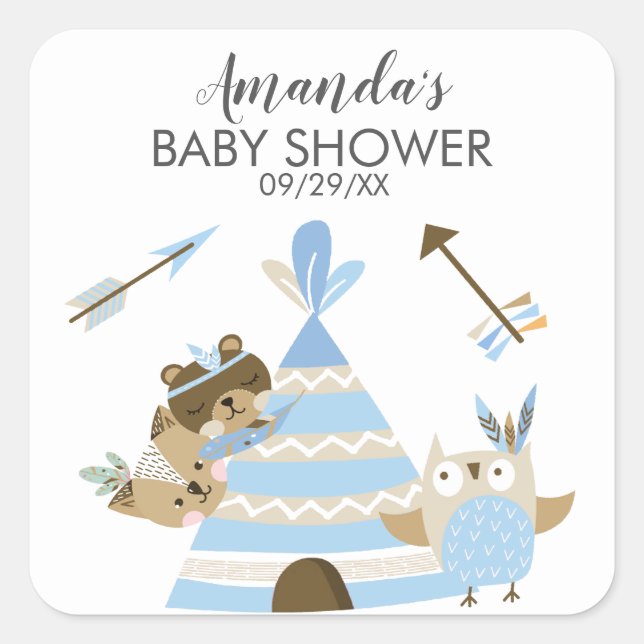 Tribal Woodland Wild One Baby Shower Favour Sticke Square Sticker (Front)