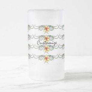 tribal yellow flowers frosted glass beer mug