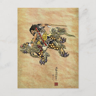 Tribute to Hokusai - Shoki Riding Shishi Lion Postcard
