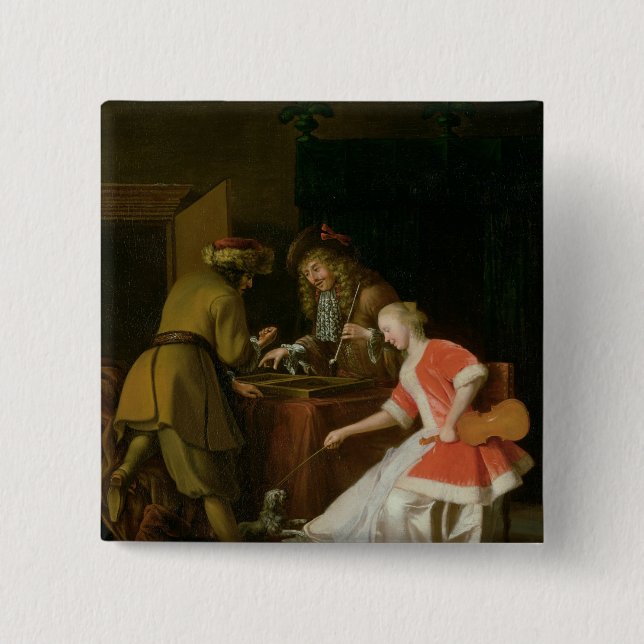 Tric-trac Players with a Lady and Her Dog 15 Cm Square Badge (Front)