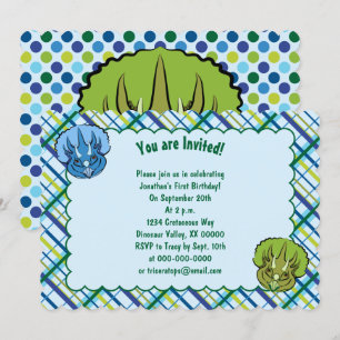 Triceratops Blue and Green Cute Dinosaur Birthday Invitation