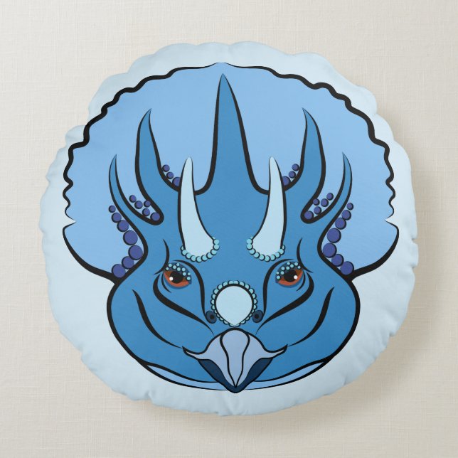 Triceratops Blue Cute Dinosaur Round Cushion (Front)