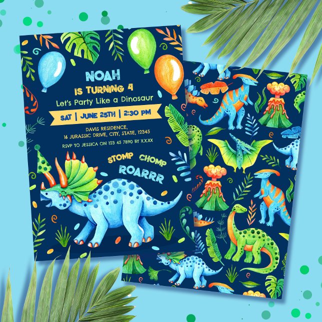 Triceratops Boy Dinosaur Birthday Party Blue Invitation (Triceratops Dinosaur Boys Birthday Party Invitation)