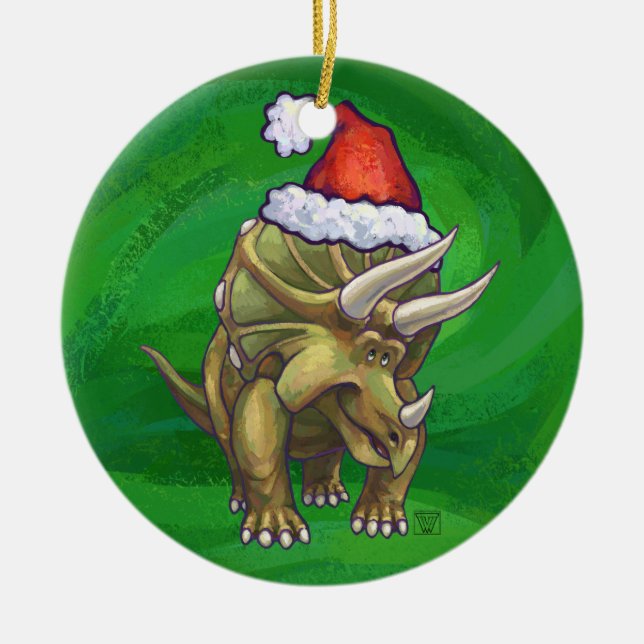 Triceratops Christmas Green Ceramic Tree Decoration (Front)