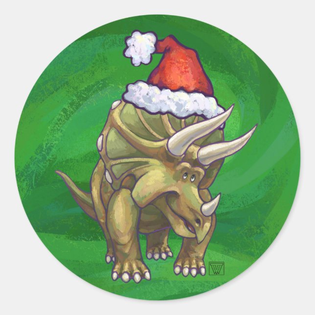 Triceratops Christmas Green Classic Round Sticker (Front)