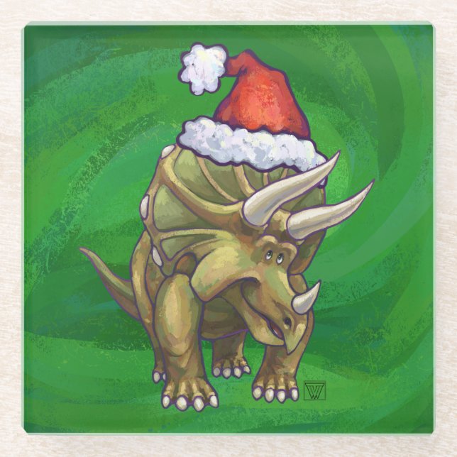 Triceratops Christmas Green Glass Coaster (Front)