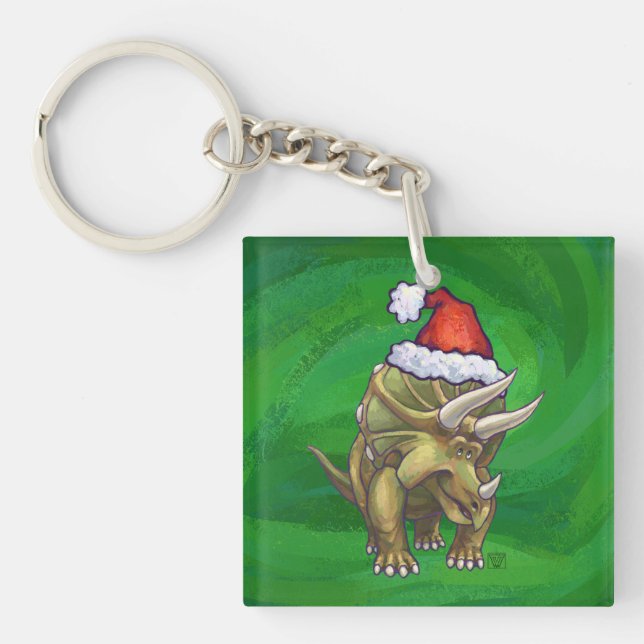 Triceratops Christmas Green Key Ring (Front)