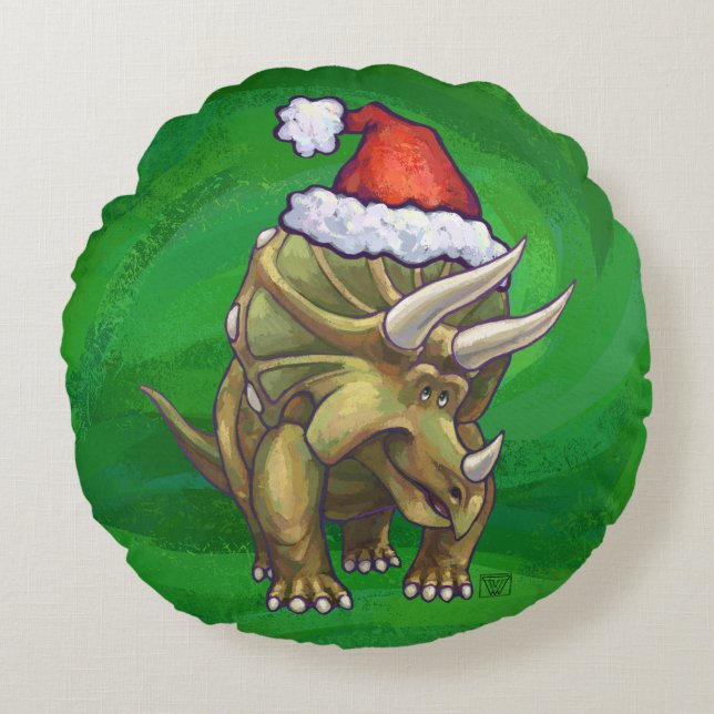 Triceratops Christmas Green Round Cushion (Front)