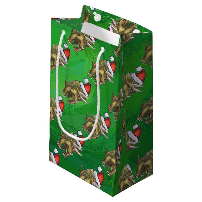 Triceratops Christmas Green Small Gift Bag (Front Angled)
