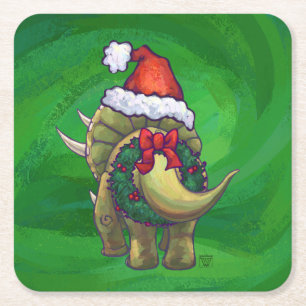 Triceratops Christmas Green Square Paper Coaster
