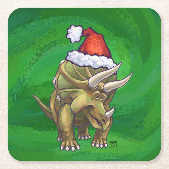 Triceratops Christmas Green Square Paper Coaster (Front)