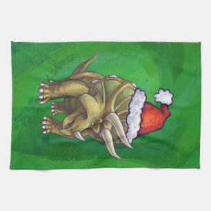 Triceratops Christmas Green Tea Towel