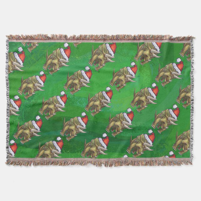 Triceratops Christmas Green Throw Blanket (Front)