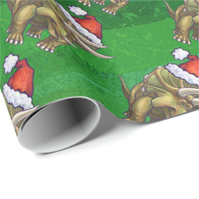 Triceratops Christmas Green Wrapping Paper (Roll Corner)