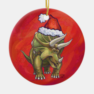 Triceratops Christmas On Red Ceramic Tree Decoration