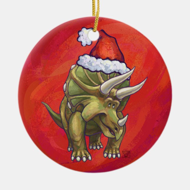 Triceratops Christmas On Red Ceramic Tree Decoration (Front)