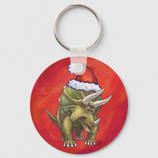 Triceratops Christmas On Red Key Ring (Front)