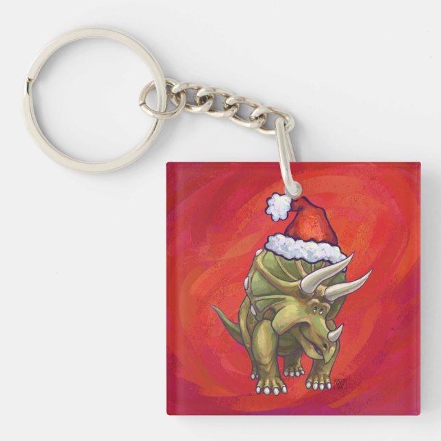 Triceratops Christmas On Red Key Ring (Front)
