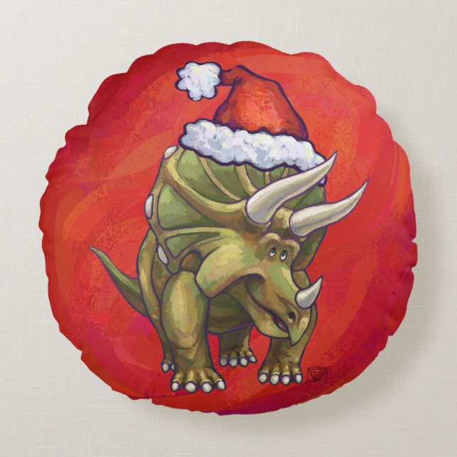Triceratops Christmas On Red Round Cushion (Front)