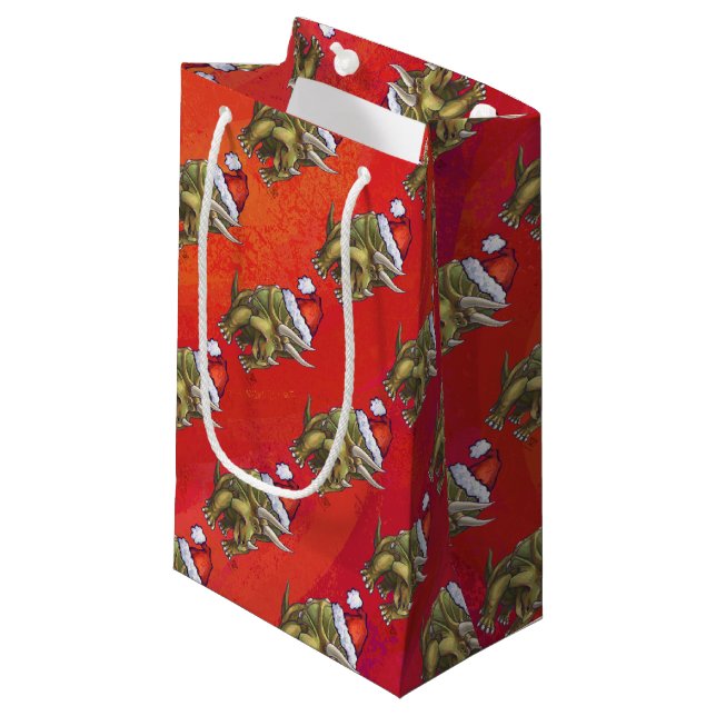 Triceratops Christmas On Red Small Gift Bag (Front Angled)