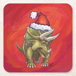 Triceratops Christmas On Red Square Paper Coaster