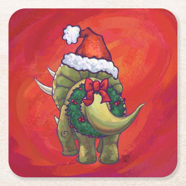 Triceratops Christmas On Red Square Paper Coaster (Front)