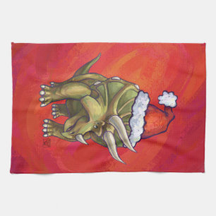 Triceratops Christmas On Red Tea Towel