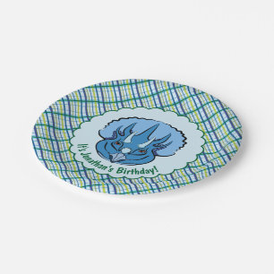 Triceratops Cute Blue Dinosaur on Plaid Paper Plate