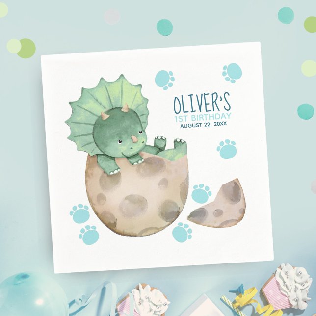 Triceratops Dinosaur Boy 1st Birthday Party Napkin (Creator Uploaded)