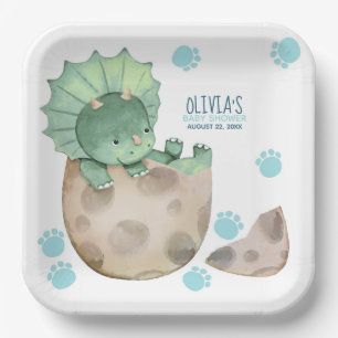 Triceratops Dinosaur Boy Baby Shower Paper Plate