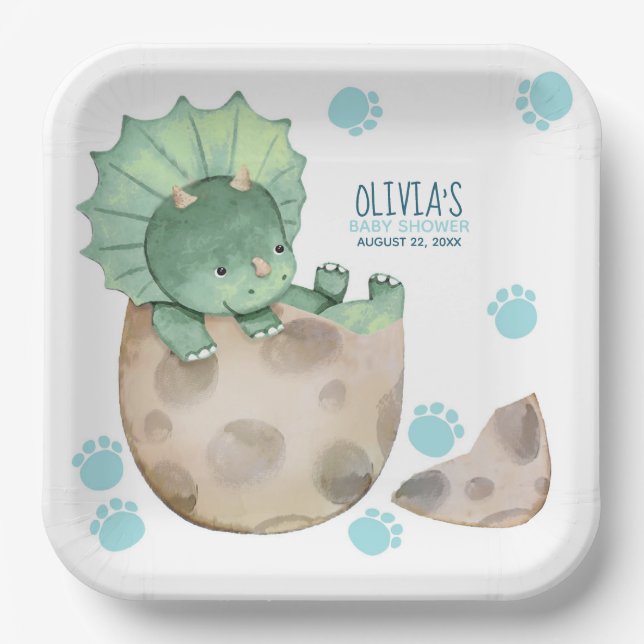Triceratops Dinosaur Boy Baby Shower Paper Plate (Front)