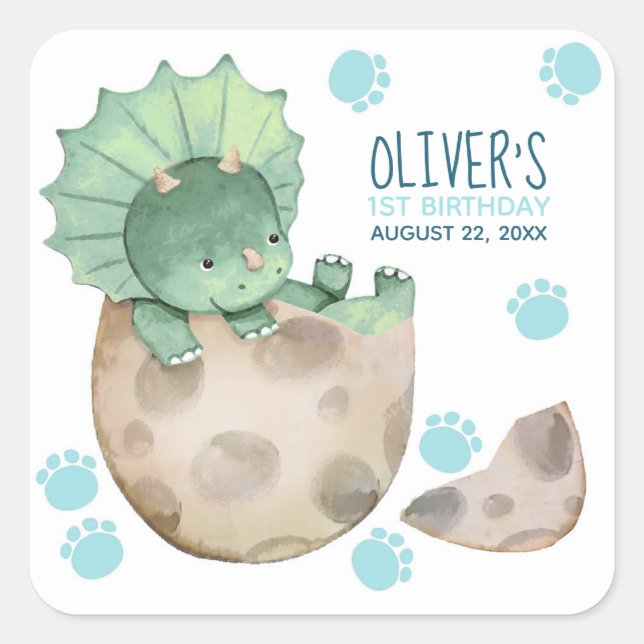 Triceratops Dinosaur Boy Birthday Square Sticker (Front)