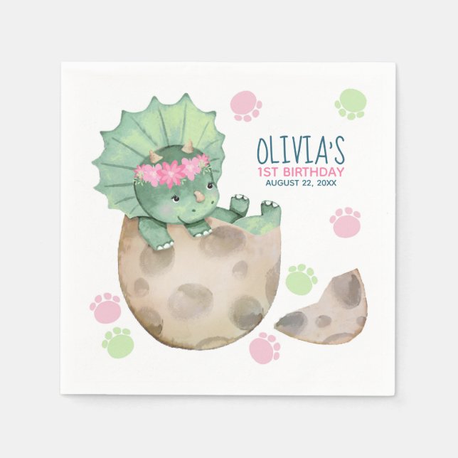 Triceratops Dinosaur Girl 1st Birthday Party Napkin (Front)