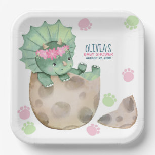 Triceratops Dinosaur Girl Baby Shower Paper Plate