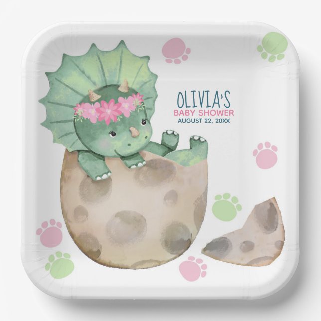 Triceratops Dinosaur Girl Baby Shower Paper Plate (Front)