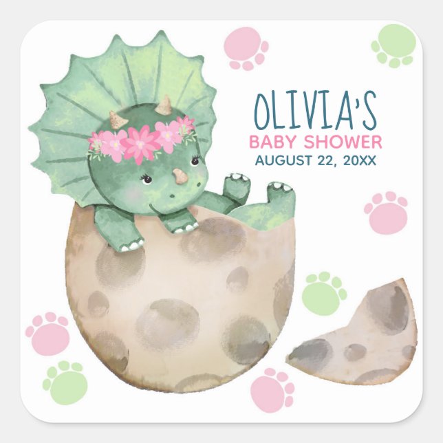 Triceratops Dinosaur Girl Baby Shower Square Sticker (Front)