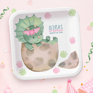 Triceratops Dinosaur Girl Birthday Party Paper Plate